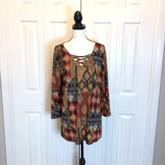 New Directions Womens Boho Brown Stretch Bell Sleeve Blouse Size Large - Picture 2 of 6